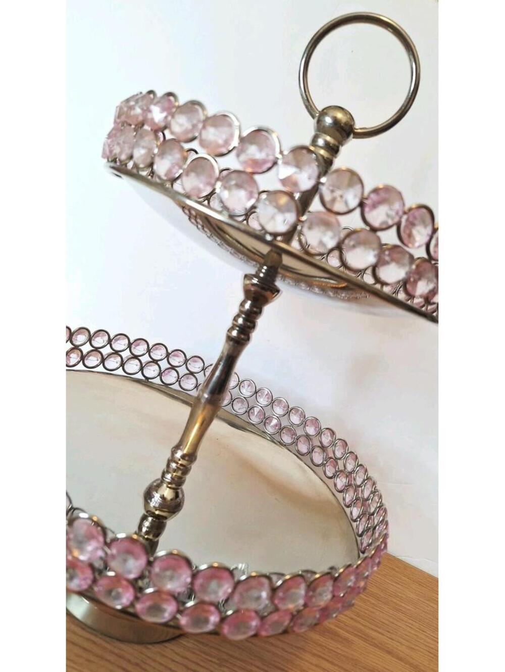 2-Tier Silver Metal Serving Stand Pink Faux Crystal Beads Dessert Jewelry Tower - Picture 6 of 16